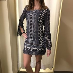 Multi-Pattern Blue Shift Long Sleeve Dress